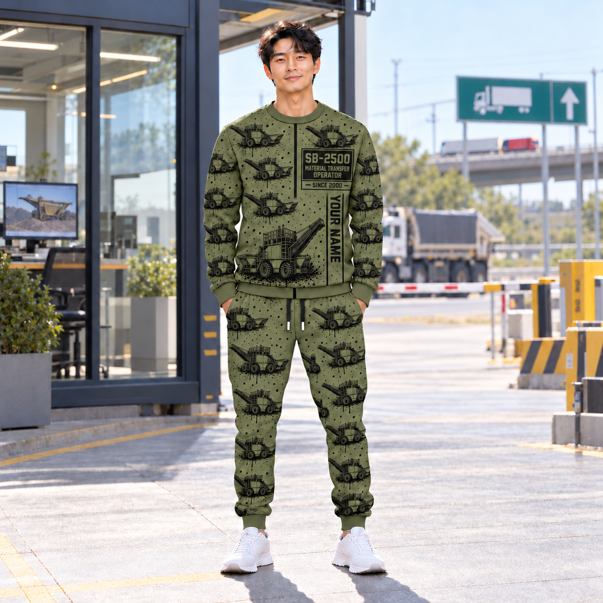 Personalized SB-2500 Material Transfer Vehicle Operator Combo Sweater + Jogger in Olive, sweater and jogger artwork with YOUR NAME and SINCE 2000 sample text.