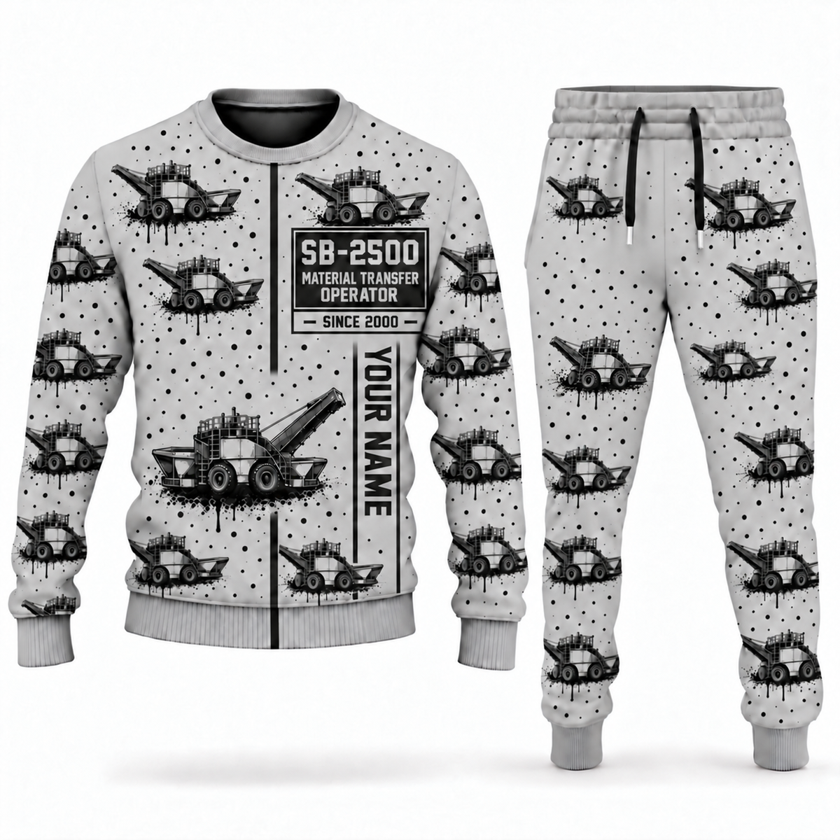 Personalized SB-2500 Material Transfer Vehicle Operator Combo Sweater + Jogger in lightgray, sweater and jogger artwork with YOUR NAME and SINCE 2000 sample text.