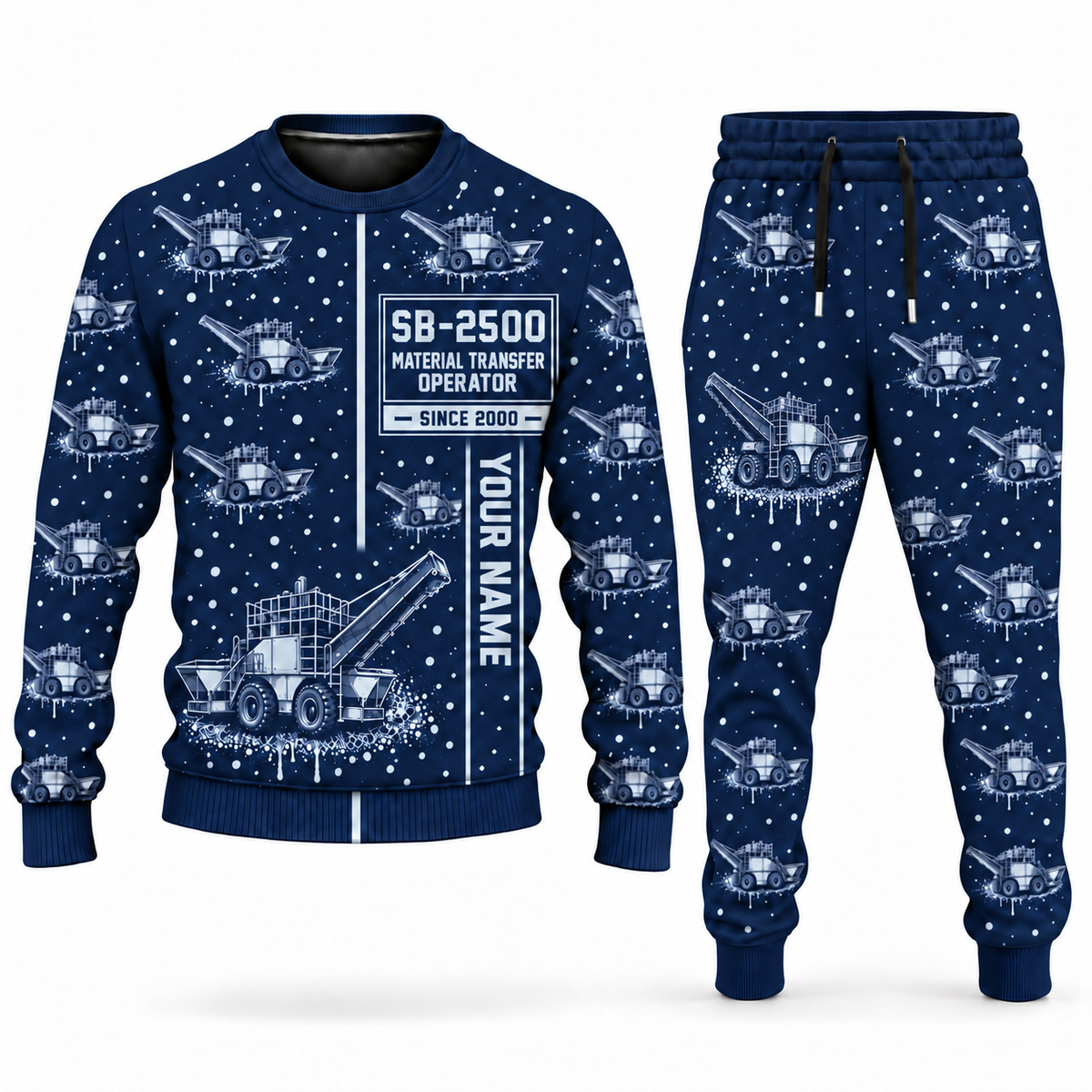 Personalized SB-2500 Material Transfer Vehicle Operator Combo Sweater + Jogger in navy, sweater and jogger artwork with YOUR NAME and SINCE 2000 sample text.