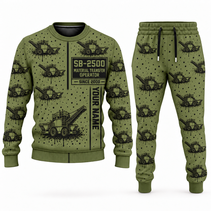 Personalized SB-2500 Material Transfer Vehicle Operator Combo Sweater + Jogger in olive, sweater and jogger artwork with YOUR NAME and SINCE 2000 sample text.