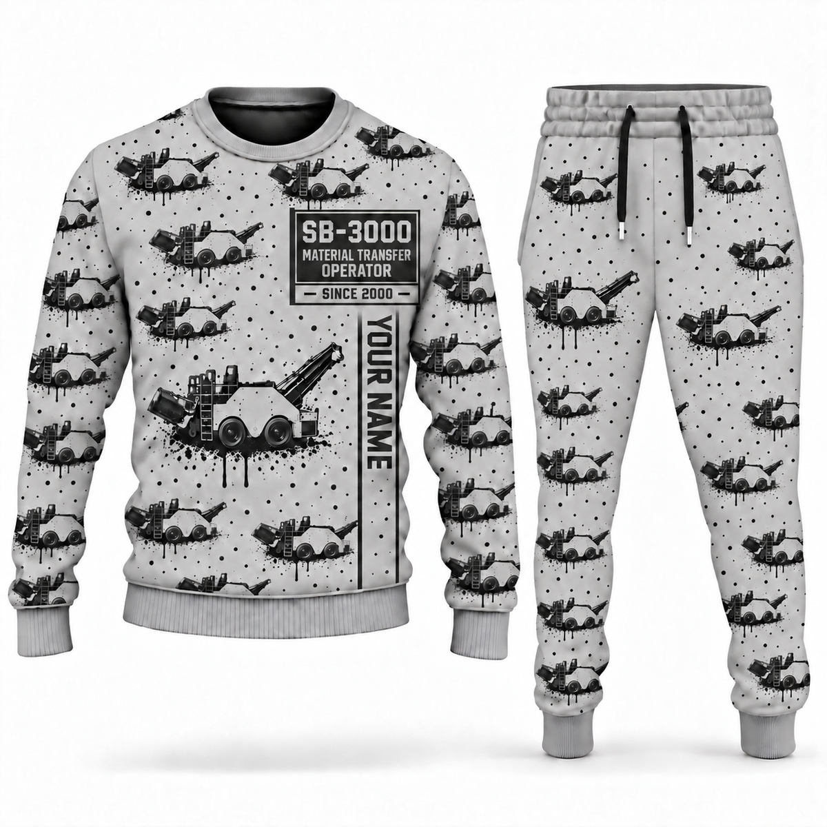 Personalized SB-3000 Material Transfer Vehicle Operator Combo Sweater + Jogger in lightgray, sweater and jogger artwork with YOUR NAME and SINCE 2000 sample text.