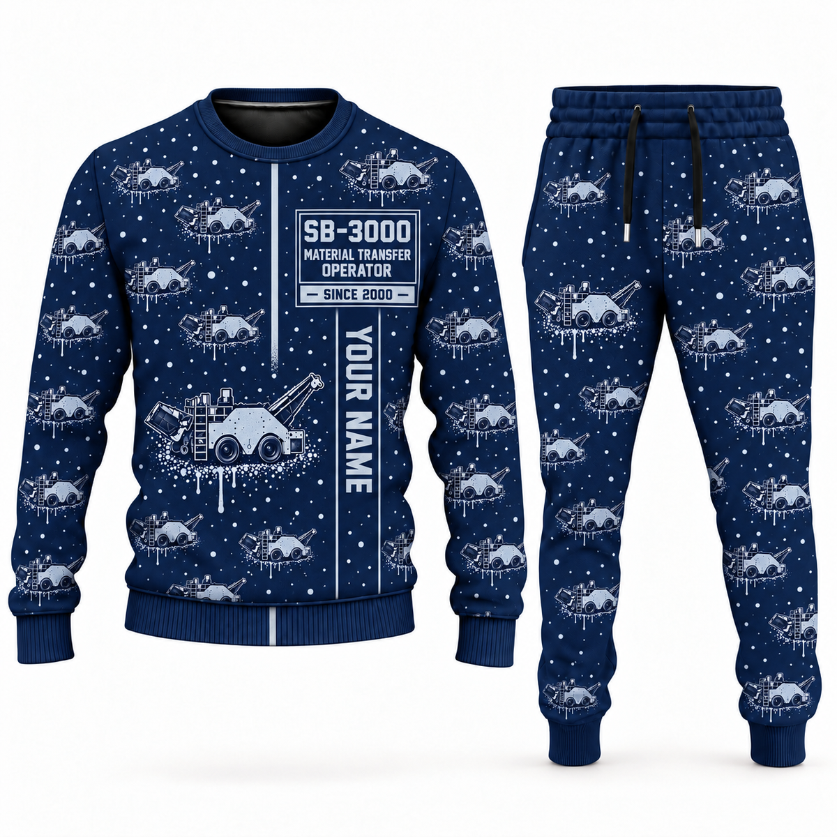 Personalized SB-3000 Material Transfer Vehicle Operator Combo Sweater + Jogger in navy, sweater and jogger artwork with YOUR NAME and SINCE 2000 sample text.