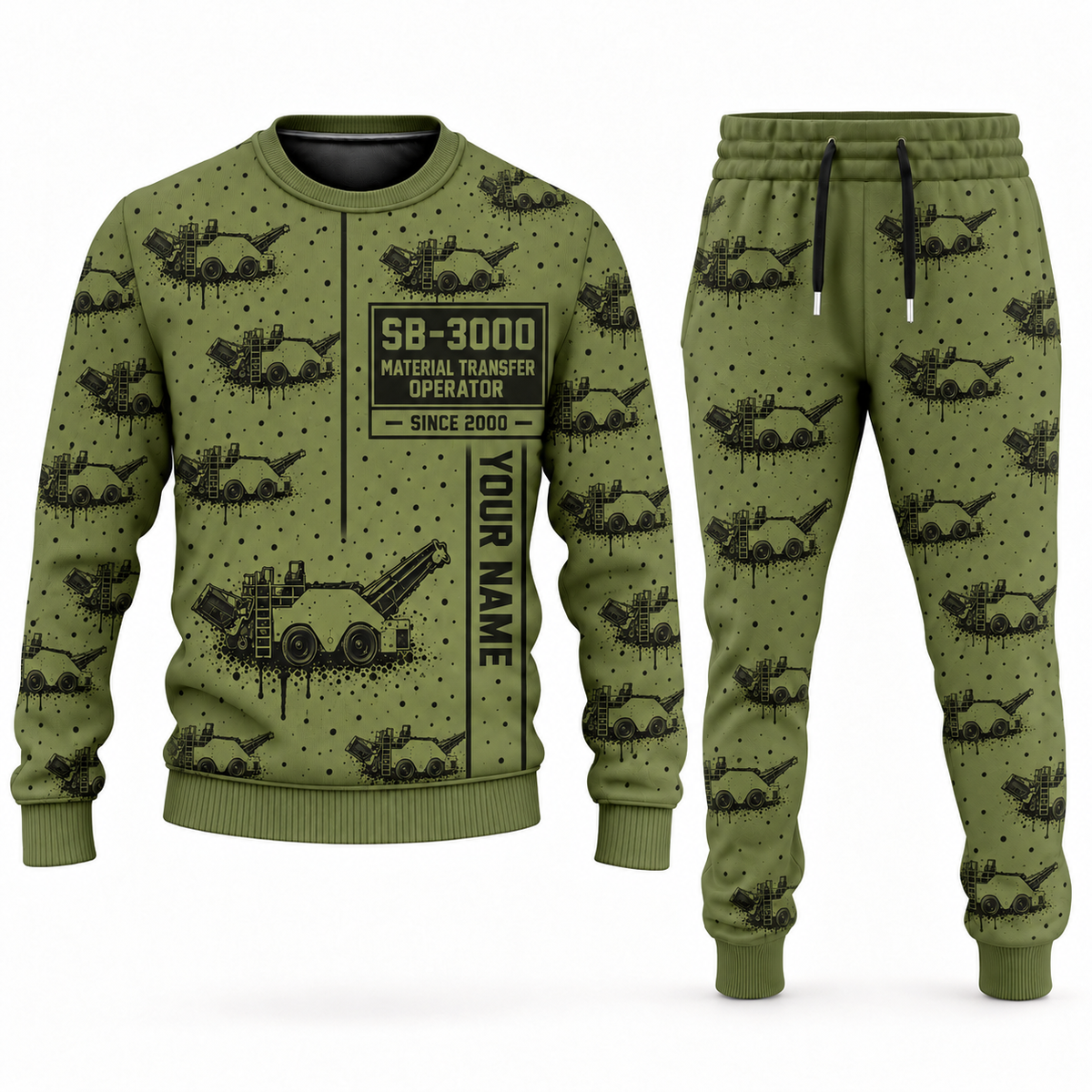 Personalized SB-3000 Material Transfer Vehicle Operator Combo Sweater + Jogger in olive, sweater and jogger artwork with YOUR NAME and SINCE 2000 sample text.
