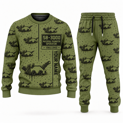 Personalized SB-3000 Material Transfer Vehicle Operator Combo Sweater + Jogger in olive, sweater and jogger artwork with YOUR NAME and SINCE 2000 sample text.
