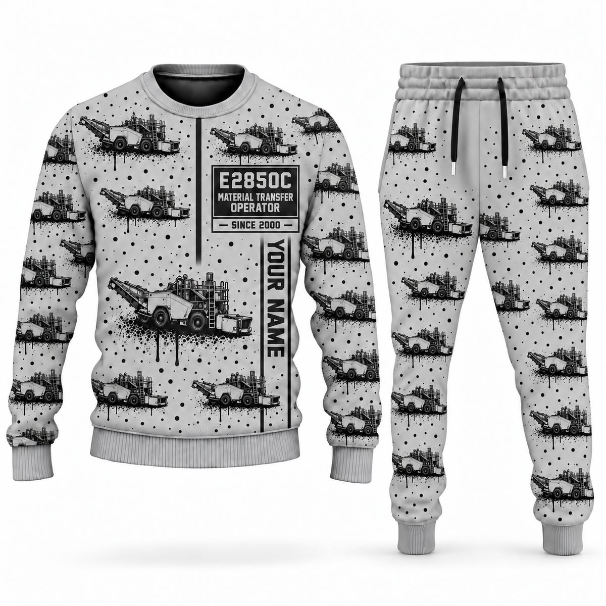 Personalized E2850C Material Transfer Vehicle Operator Combo Sweater + Jogger in lightgray, sweater and jogger artwork with YOUR NAME and SINCE 2000 sample text.