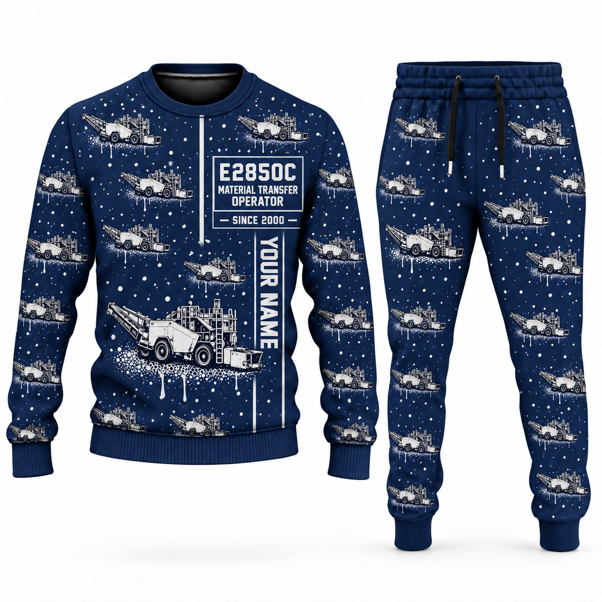 Personalized E2850C Material Transfer Vehicle Operator Combo Sweater + Jogger in navy, sweater and jogger artwork with YOUR NAME and SINCE 2000 sample text.