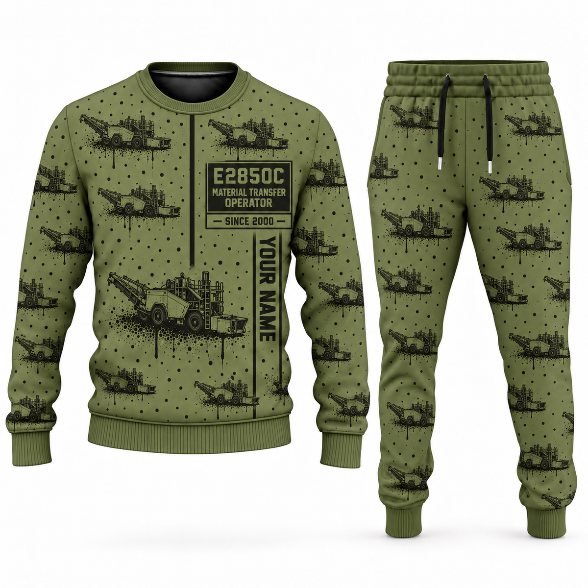 Personalized E2850C Material Transfer Vehicle Operator Combo Sweater + Jogger in olive, sweater and jogger artwork with YOUR NAME and SINCE 2000 sample text.