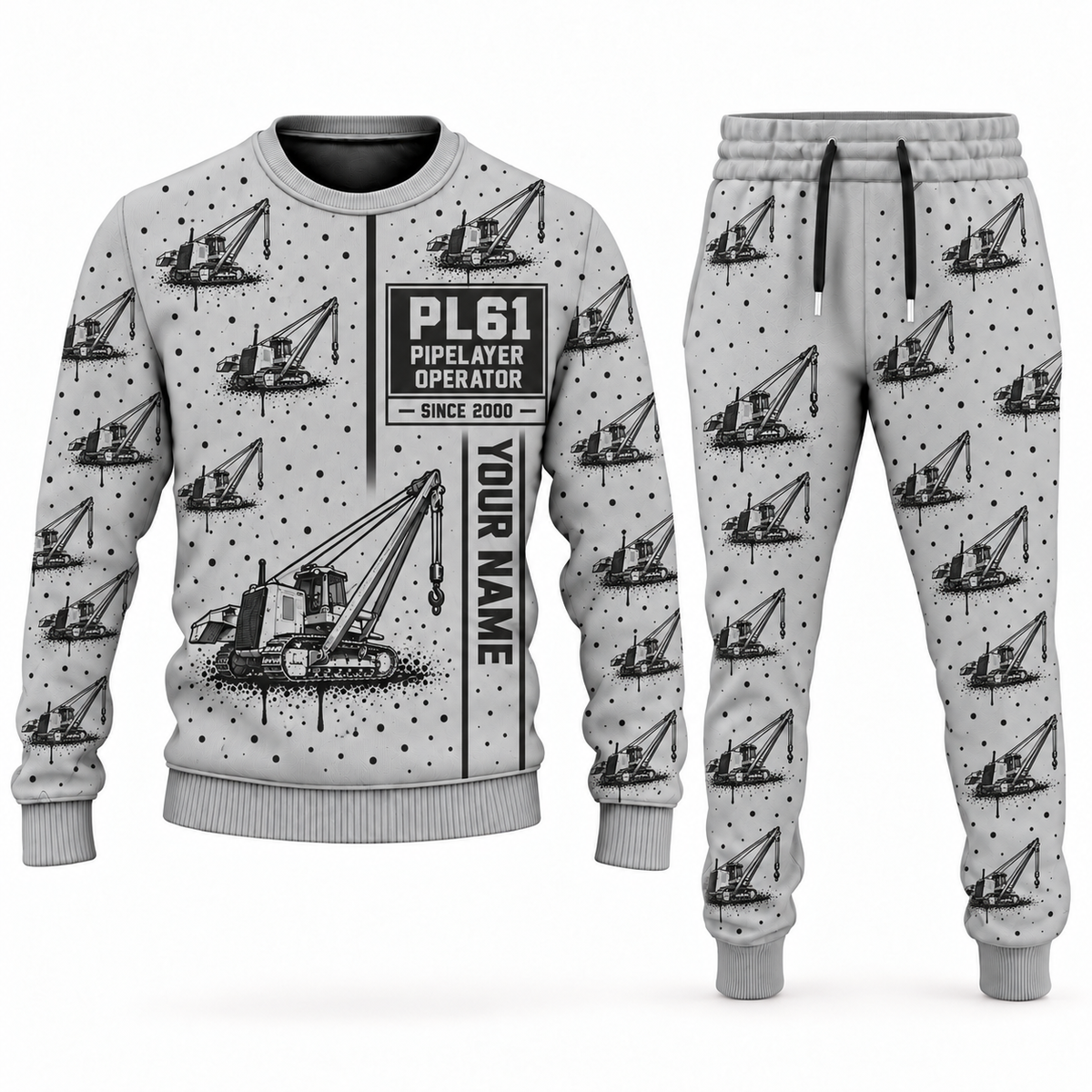 Personalized PL61 Pipelayer Operator Combo Sweater + Jogger in lightgray, sweater and jogger artwork with YOUR NAME and SINCE 2000 sample text.