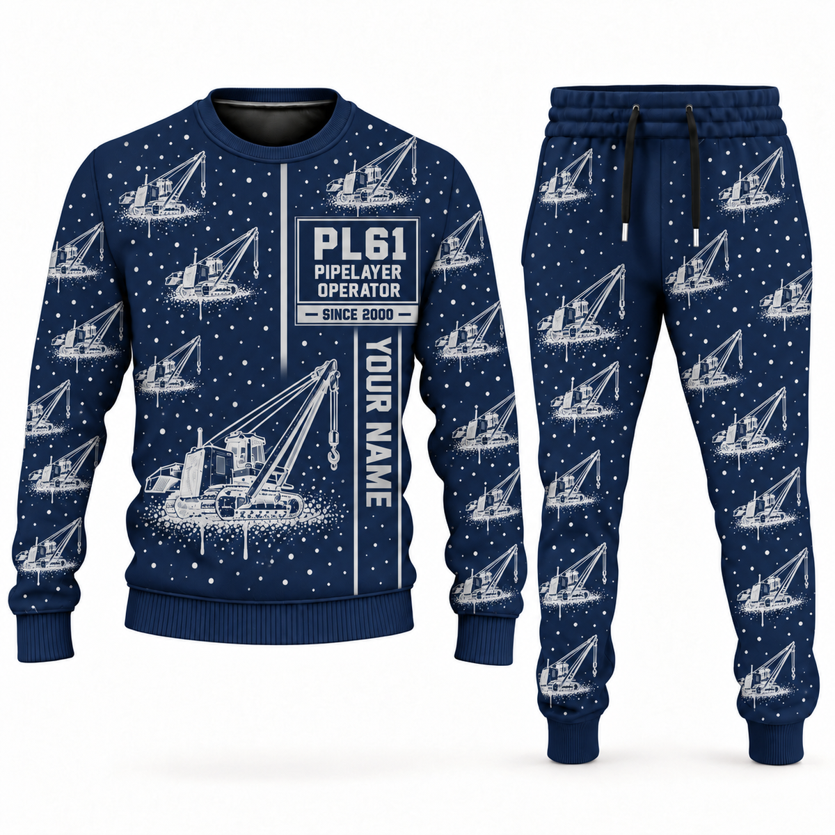 Personalized PL61 Pipelayer Operator Combo Sweater + Jogger in navy, sweater and jogger artwork with YOUR NAME and SINCE 2000 sample text.