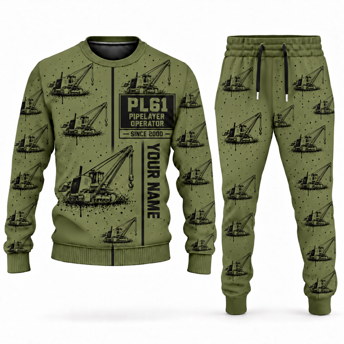 Personalized PL61 Pipelayer Operator Combo Sweater + Jogger in olive, sweater and jogger artwork with YOUR NAME and SINCE 2000 sample text.