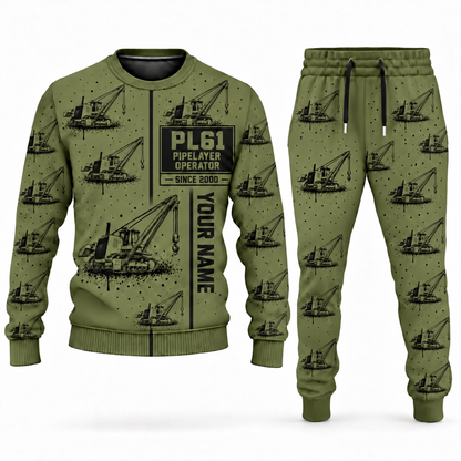 Personalized PL61 Pipelayer Operator Combo Sweater + Jogger in olive, sweater and jogger artwork with YOUR NAME and SINCE 2000 sample text.