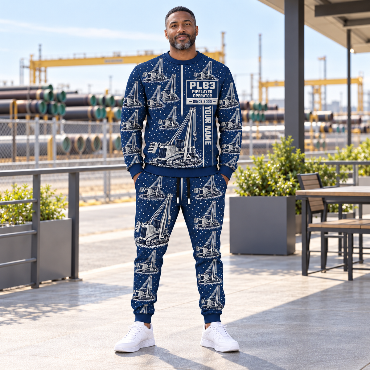 Personalized PL83 Pipelayer Operator Combo Sweater + Jogger in Navy, sweater and jogger artwork with YOUR NAME and SINCE 2000 sample text.