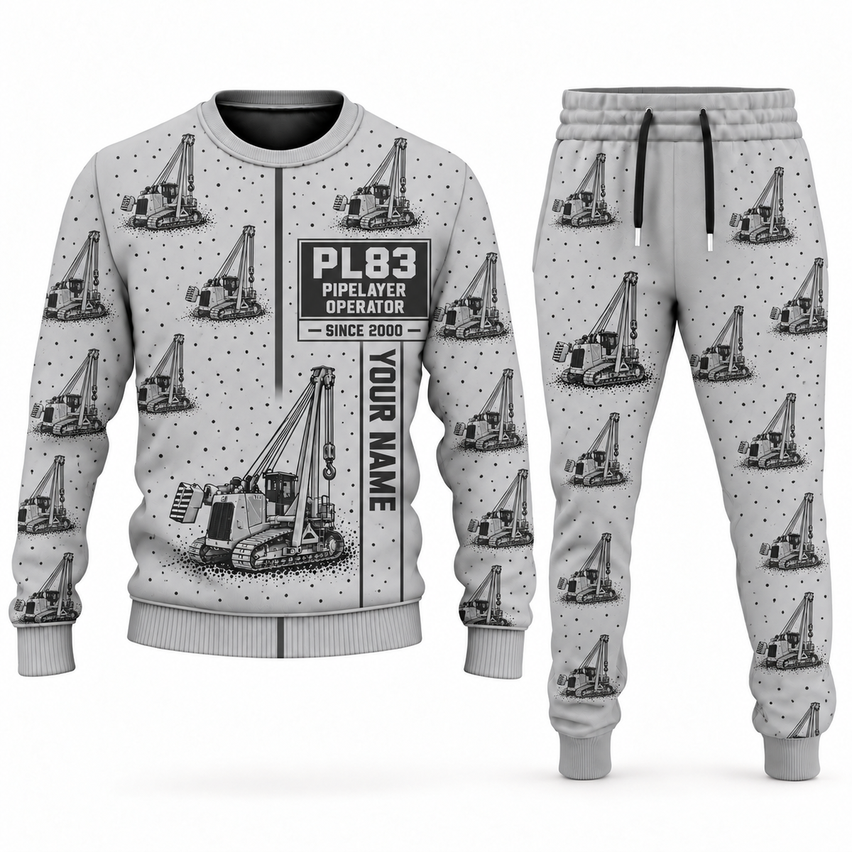 Personalized PL83 Pipelayer Operator Combo Sweater + Jogger in lightgray, sweater and jogger artwork with YOUR NAME and SINCE 2000 sample text.