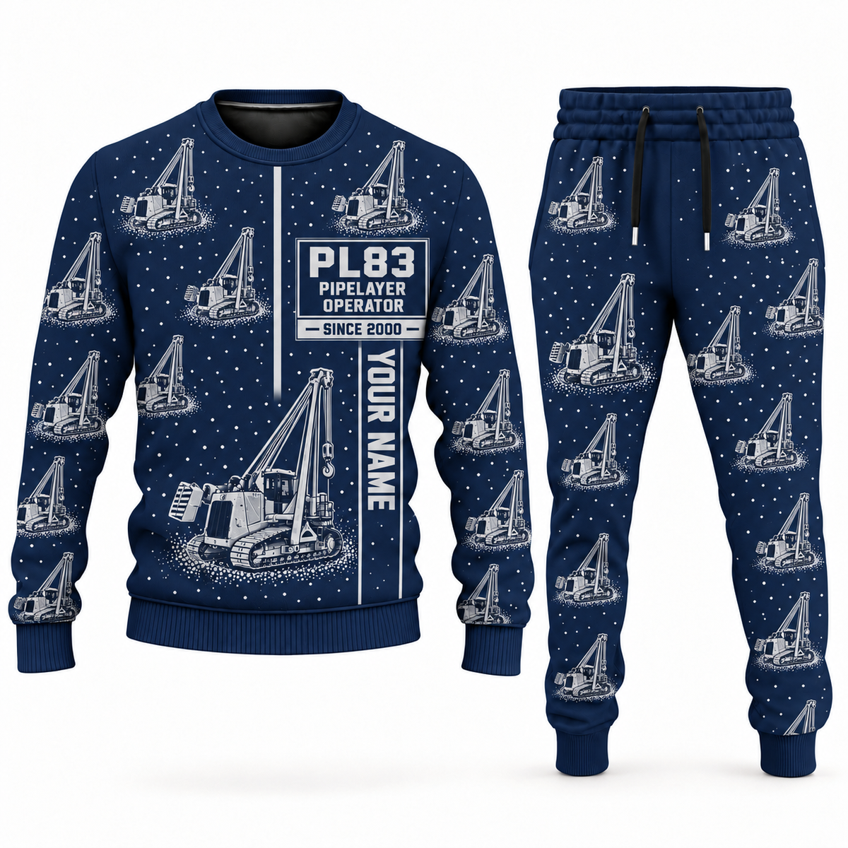 Personalized PL83 Pipelayer Operator Combo Sweater + Jogger in navy, sweater and jogger artwork with YOUR NAME and SINCE 2000 sample text.