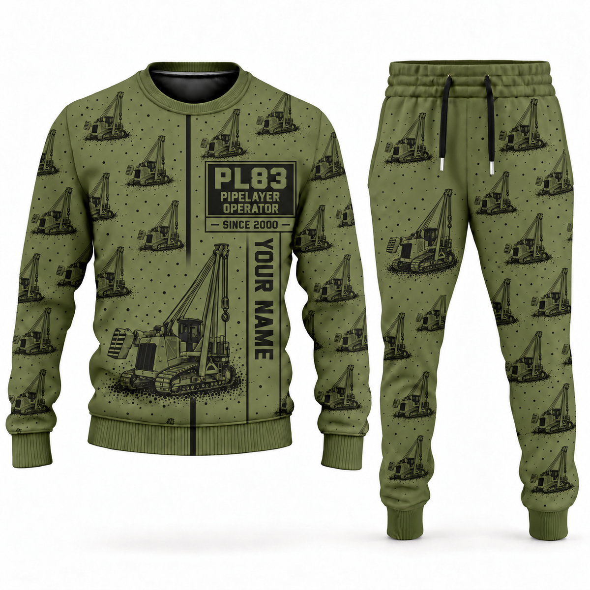 Personalized PL83 Pipelayer Operator Combo Sweater + Jogger in olive, sweater and jogger artwork with YOUR NAME and SINCE 2000 sample text.