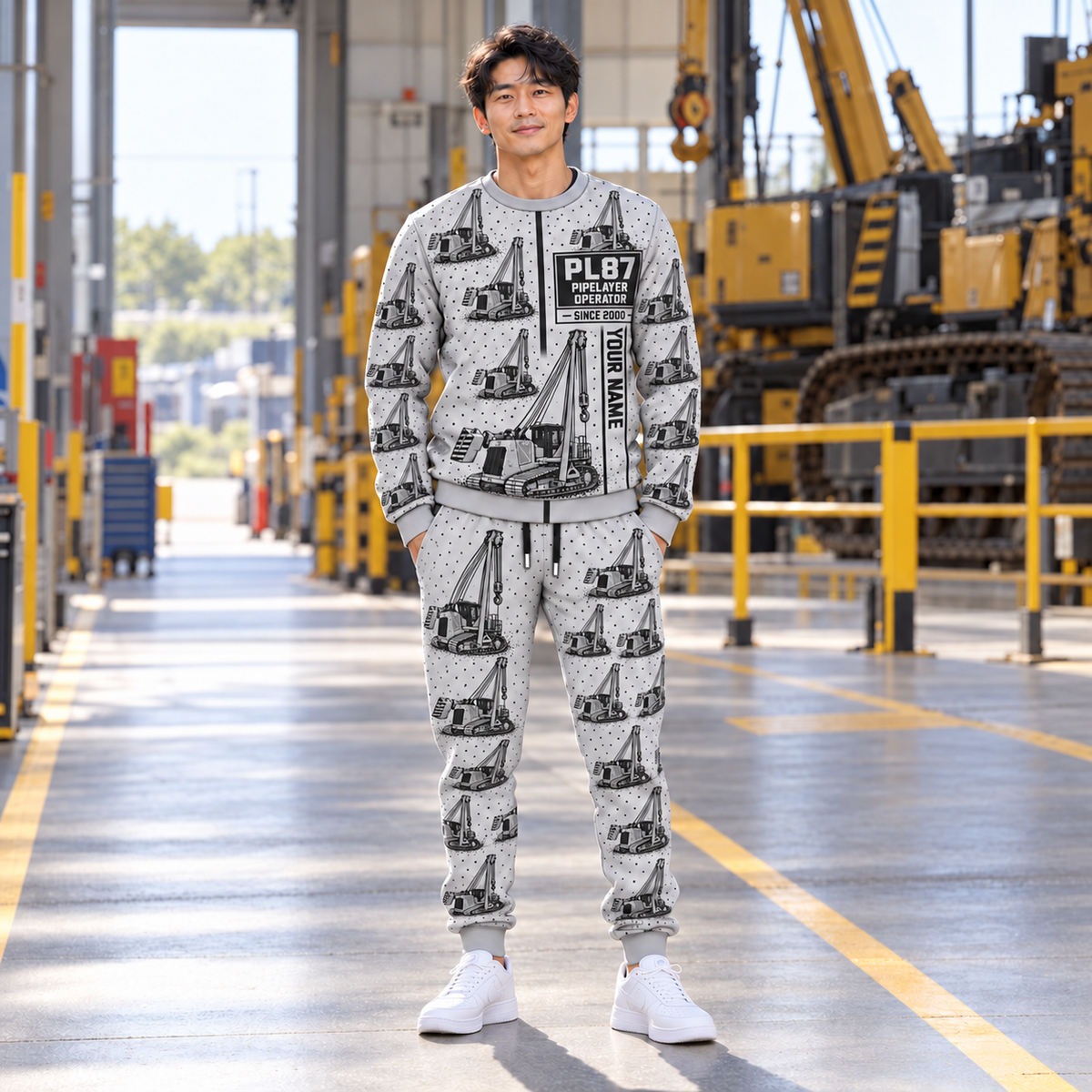 Personalized PL87 Pipelayer Operator Combo Sweater + Jogger in Light Gray, sweater and jogger artwork with YOUR NAME and SINCE 2000 sample text.
