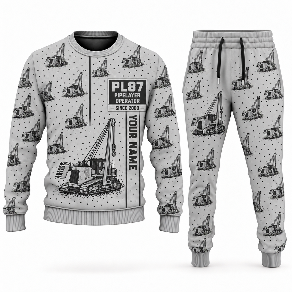 Personalized PL87 Pipelayer Operator Combo Sweater + Jogger in lightgray, sweater and jogger artwork with YOUR NAME and SINCE 2000 sample text.