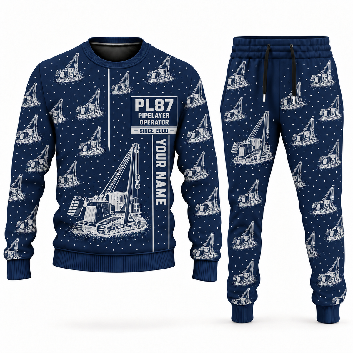 Personalized PL87 Pipelayer Operator Combo Sweater + Jogger in navy, sweater and jogger artwork with YOUR NAME and SINCE 2000 sample text.