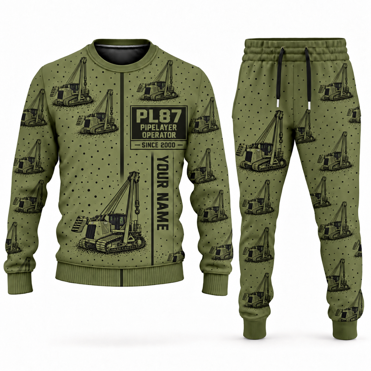 Personalized PL87 Pipelayer Operator Combo Sweater + Jogger in olive, sweater and jogger artwork with YOUR NAME and SINCE 2000 sample text.