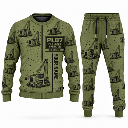 Personalized PL87 Pipelayer Operator Combo Sweater + Jogger in olive, sweater and jogger artwork with YOUR NAME and SINCE 2000 sample text.