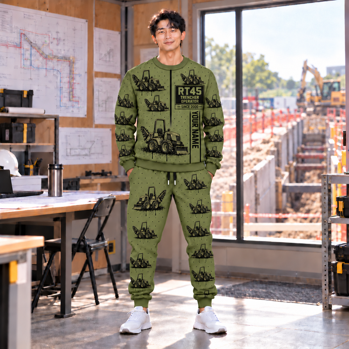 Personalized RT45 Trencher Operator Combo Sweater + Jogger in Olive, sweater and jogger artwork with YOUR NAME and SINCE 2000 sample text.