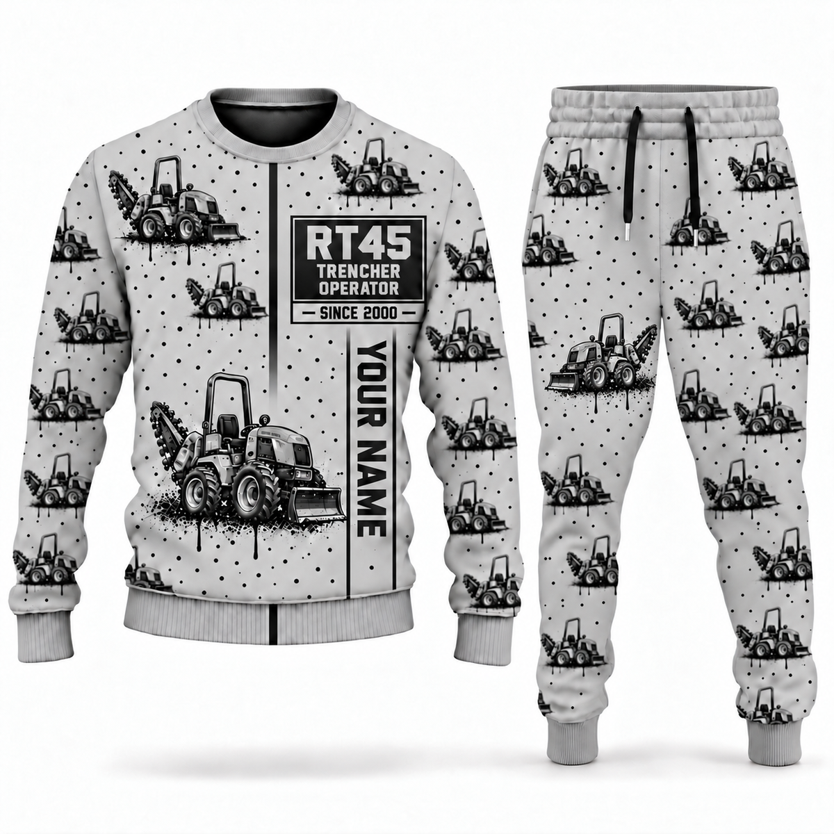 Personalized RT45 Trencher Operator Combo Sweater + Jogger in lightgray, sweater and jogger artwork with YOUR NAME and SINCE 2000 sample text.