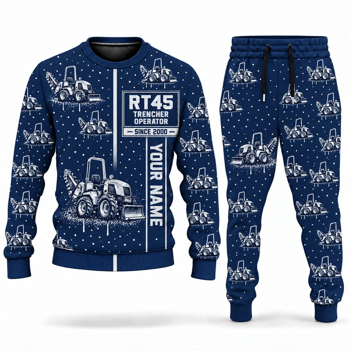 Personalized RT45 Trencher Operator Combo Sweater + Jogger in navy, sweater and jogger artwork with YOUR NAME and SINCE 2000 sample text.