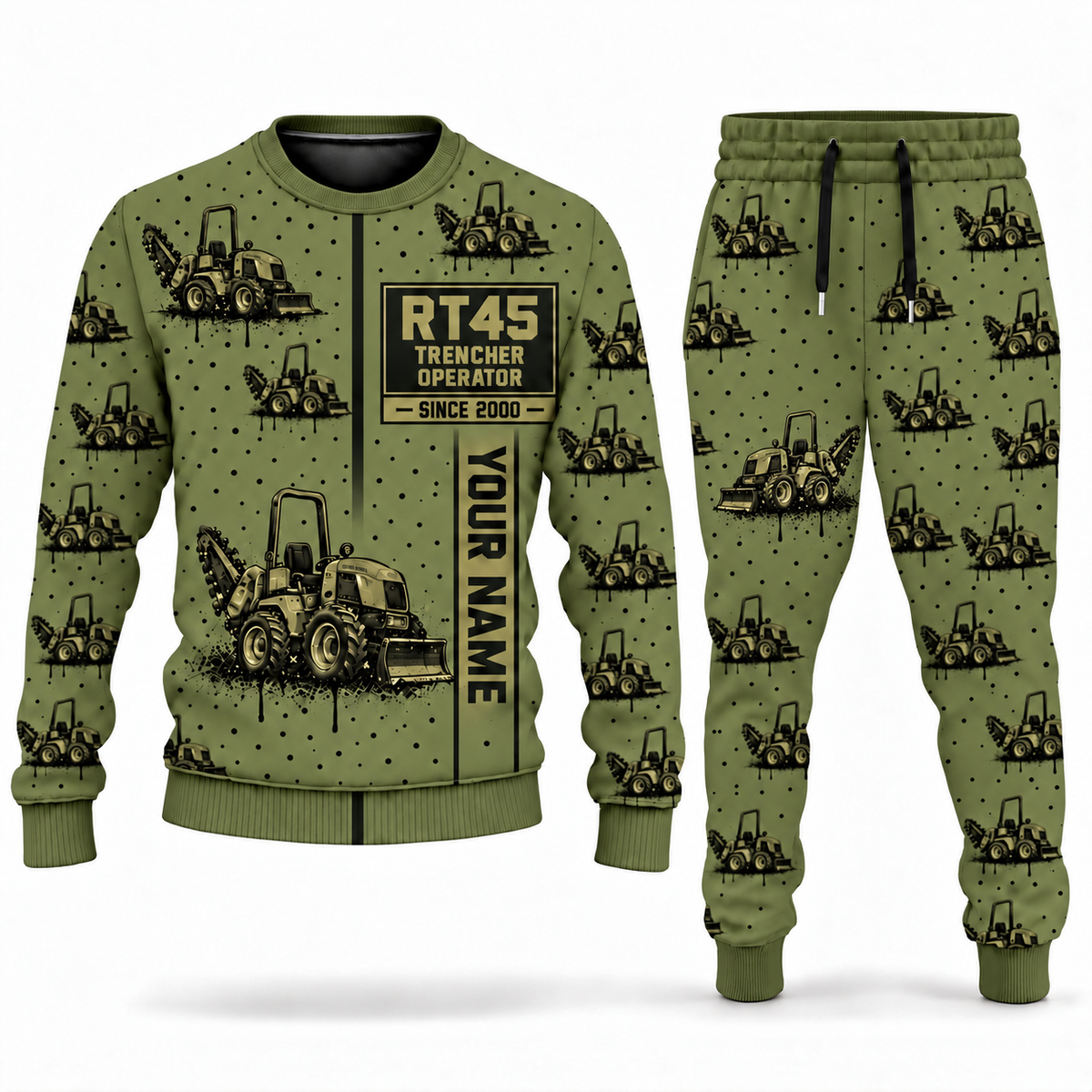 Personalized RT45 Trencher Operator Combo Sweater + Jogger in olive, sweater and jogger artwork with YOUR NAME and SINCE 2000 sample text.