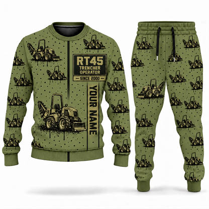 Personalized RT45 Trencher Operator Combo Sweater + Jogger in olive, sweater and jogger artwork with YOUR NAME and SINCE 2000 sample text.