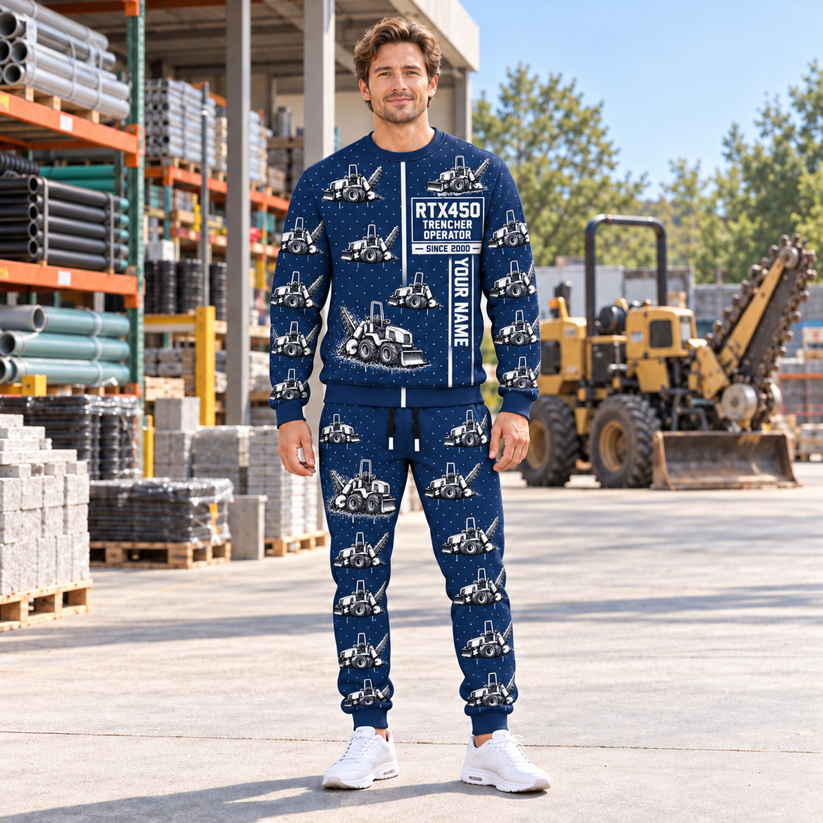 Personalized RTX450 Trencher Operator Combo Sweater + Jogger in Navy, sweater and jogger artwork with YOUR NAME and SINCE 2000 sample text.