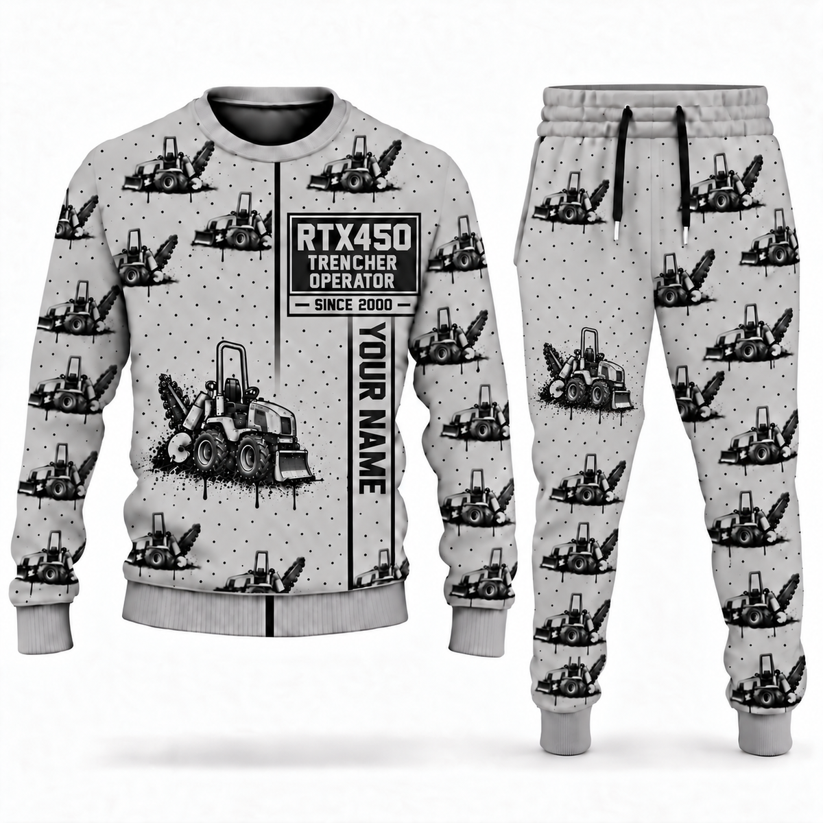Personalized RTX450 Trencher Operator Combo Sweater + Jogger in lightgray, sweater and jogger artwork with YOUR NAME and SINCE 2000 sample text.