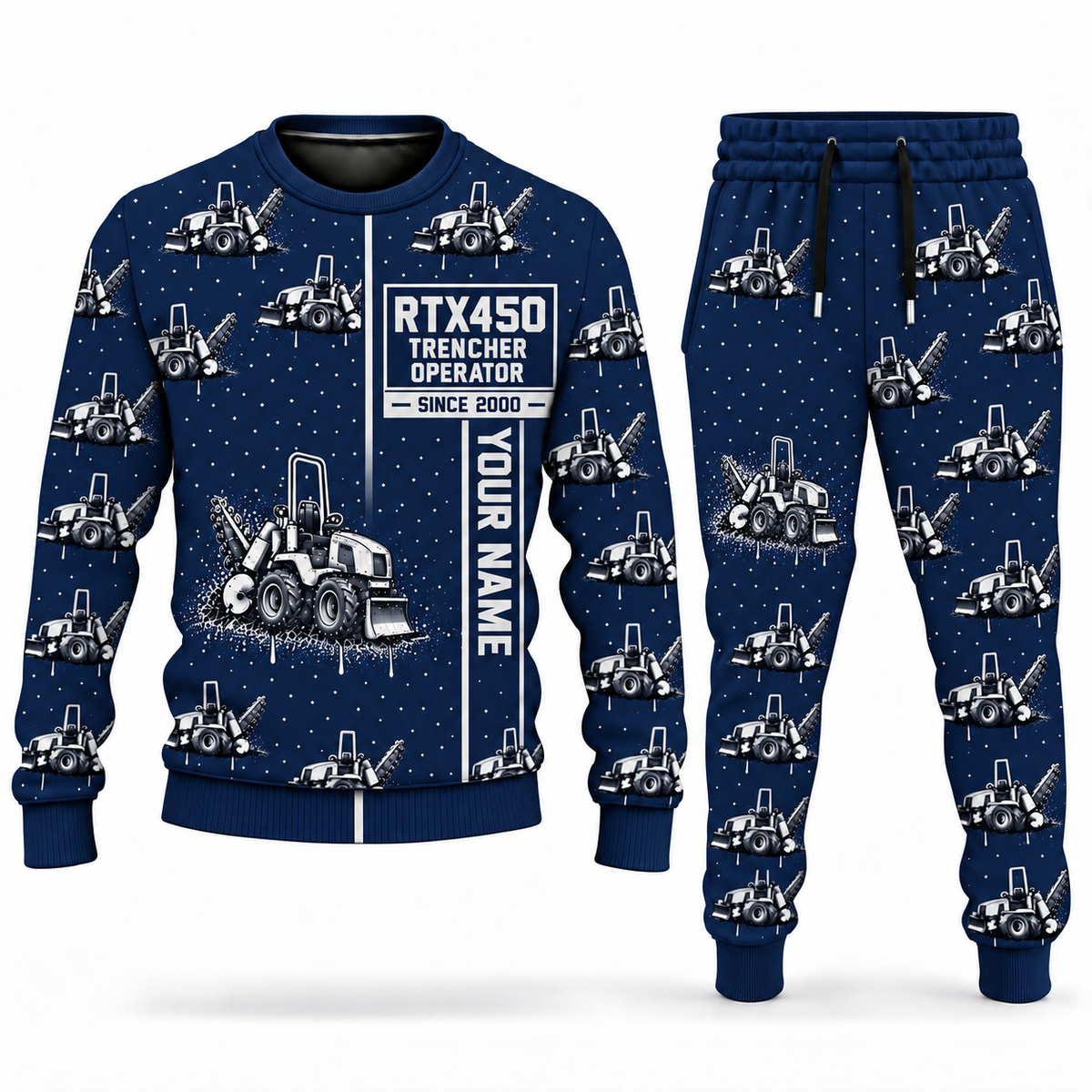 Personalized RTX450 Trencher Operator Combo Sweater + Jogger in navy, sweater and jogger artwork with YOUR NAME and SINCE 2000 sample text.
