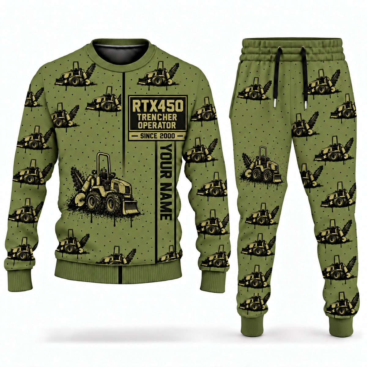 Personalized RTX450 Trencher Operator Combo Sweater + Jogger in olive, sweater and jogger artwork with YOUR NAME and SINCE 2000 sample text.