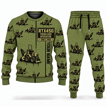 Personalized RTX450 Trencher Operator Combo Sweater + Jogger in olive, sweater and jogger artwork with YOUR NAME and SINCE 2000 sample text.