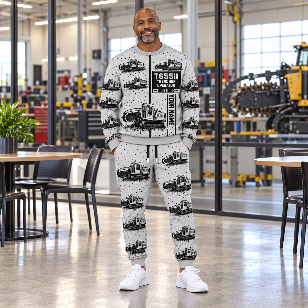 Personalized T655III Trencher Operator Combo Sweater + Jogger in Light Gray, sweater and jogger artwork with YOUR NAME and SINCE 2000 sample text.