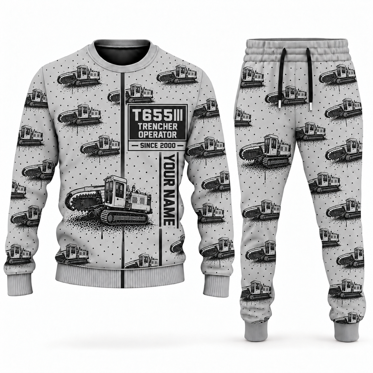 Personalized T655III Trencher Operator Combo Sweater + Jogger in lightgray, sweater and jogger artwork with YOUR NAME and SINCE 2000 sample text.