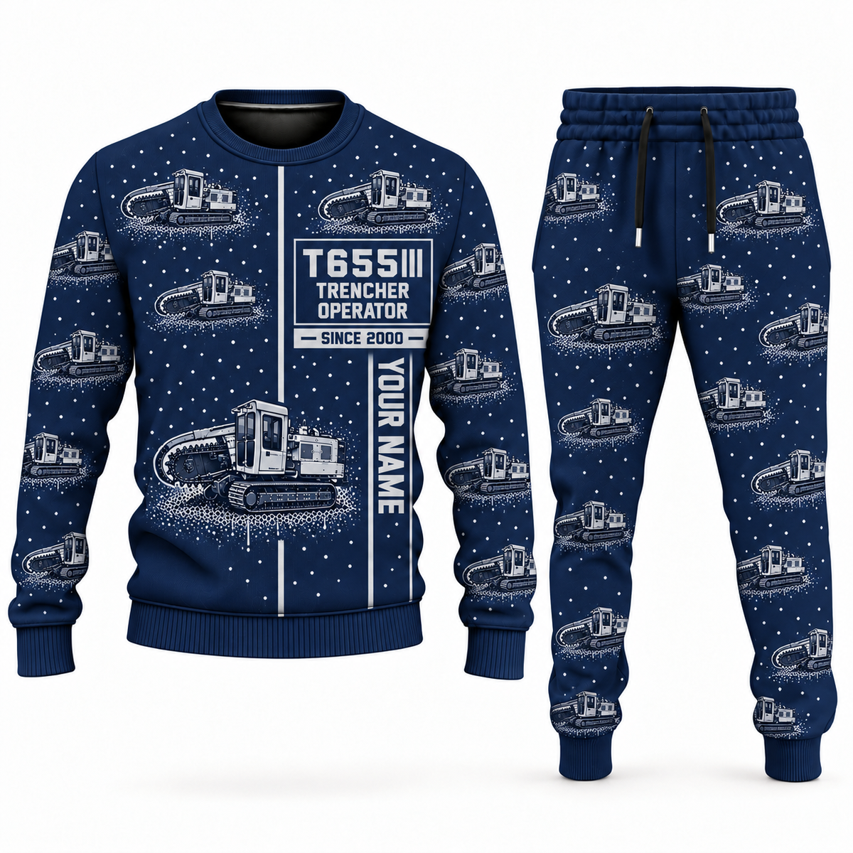 Personalized T655III Trencher Operator Combo Sweater + Jogger in navy, sweater and jogger artwork with YOUR NAME and SINCE 2000 sample text.