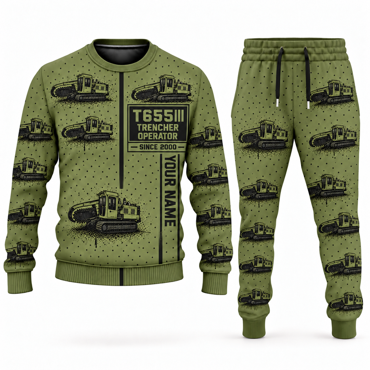 Personalized T655III Trencher Operator Combo Sweater + Jogger in olive, sweater and jogger artwork with YOUR NAME and SINCE 2000 sample text.