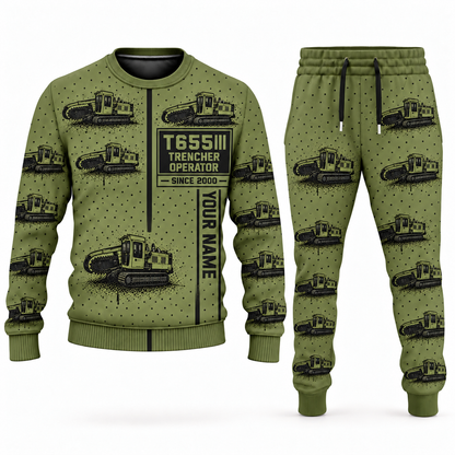 Personalized T655III Trencher Operator Combo Sweater + Jogger in olive, sweater and jogger artwork with YOUR NAME and SINCE 2000 sample text.