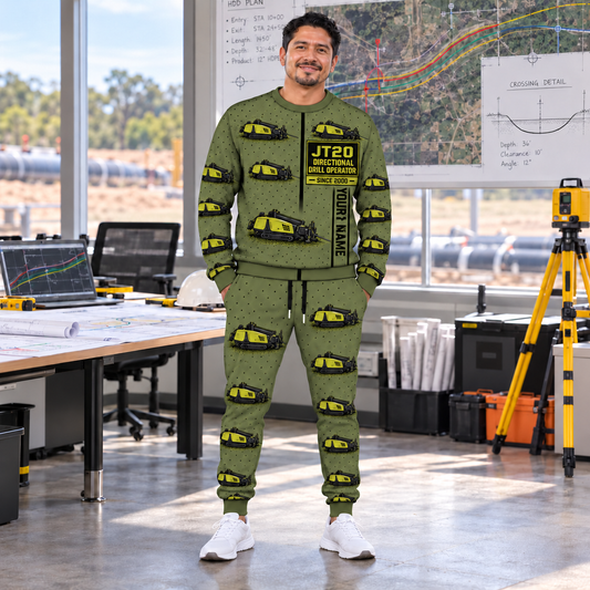 Personalized Ditch Witch JT20 HDD Directional Drill Combo Sweater + Jogger in Olive, sweater and jogger artwork with YOUR NAME and SINCE 2000 sample text.