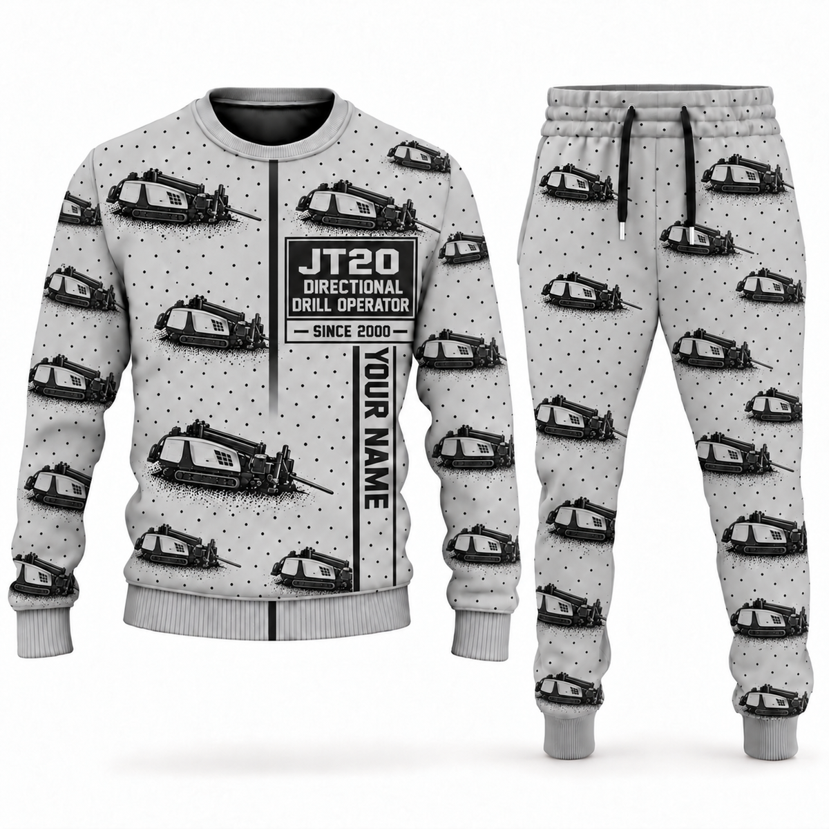 Personalized Ditch Witch JT20 HDD Directional Drill Combo Sweater + Jogger in lightgray, sweater and jogger artwork with YOUR NAME and SINCE 2000 sample text.