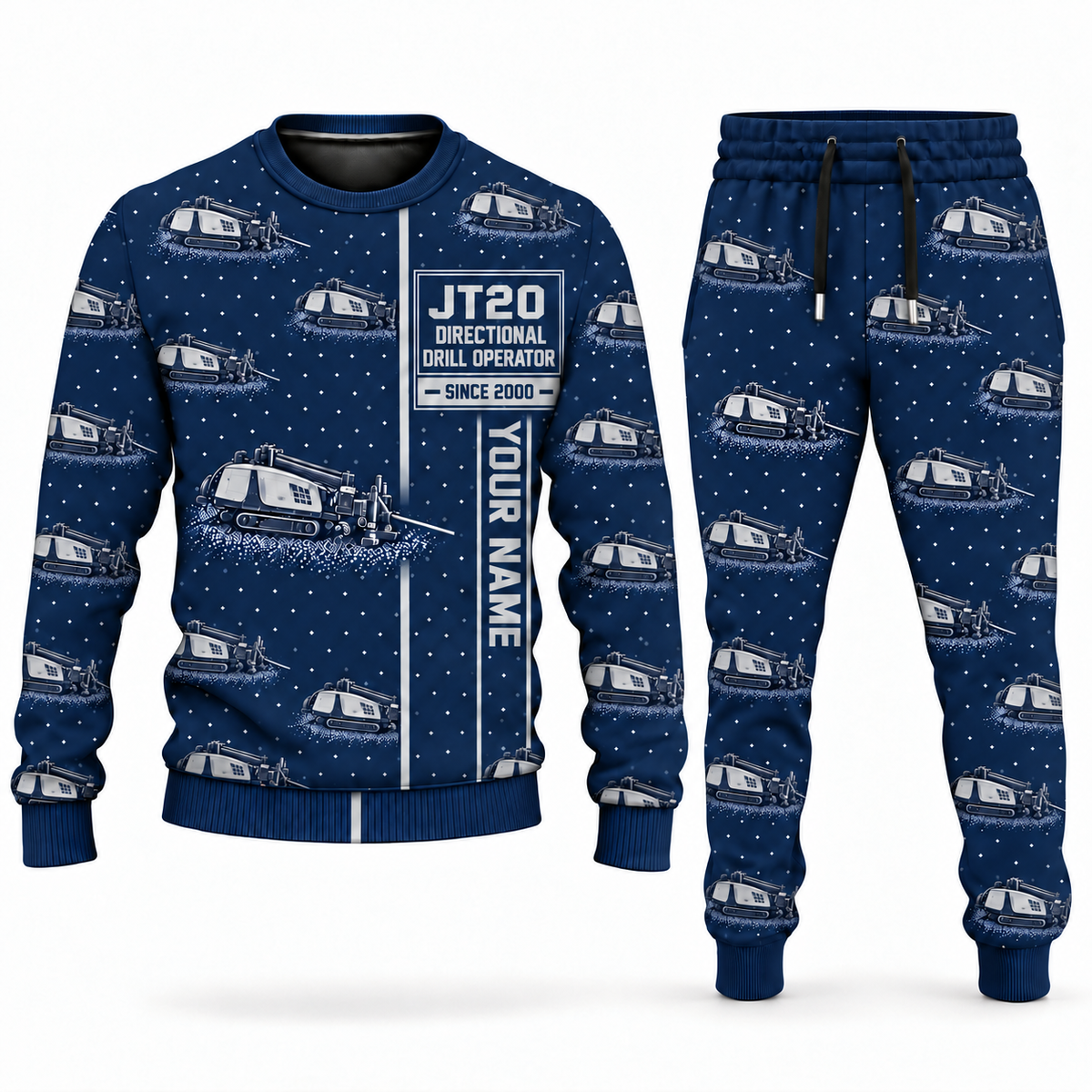 Personalized Ditch Witch JT20 HDD Directional Drill Combo Sweater + Jogger in navy, sweater and jogger artwork with YOUR NAME and SINCE 2000 sample text.