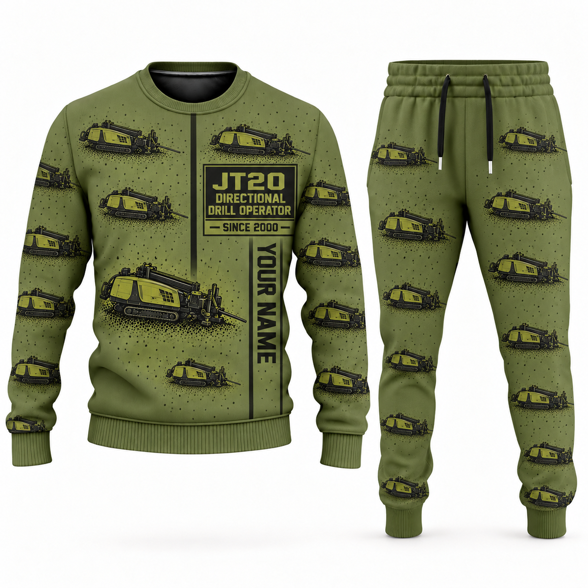 Personalized Ditch Witch JT20 HDD Directional Drill Combo Sweater + Jogger in olive, sweater and jogger artwork with YOUR NAME and SINCE 2000 sample text.