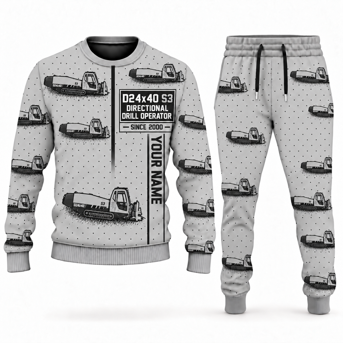 Personalized Vermeer D24x40 S3 HDD Directional Drill Combo Sweater + Jogger in lightgray, sweater and jogger artwork with YOUR NAME and SINCE 2000 sample text.