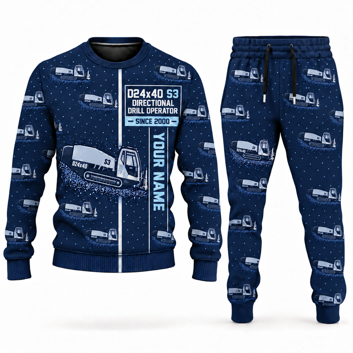 Personalized Vermeer D24x40 S3 HDD Directional Drill Combo Sweater + Jogger in navy, sweater and jogger artwork with YOUR NAME and SINCE 2000 sample text.