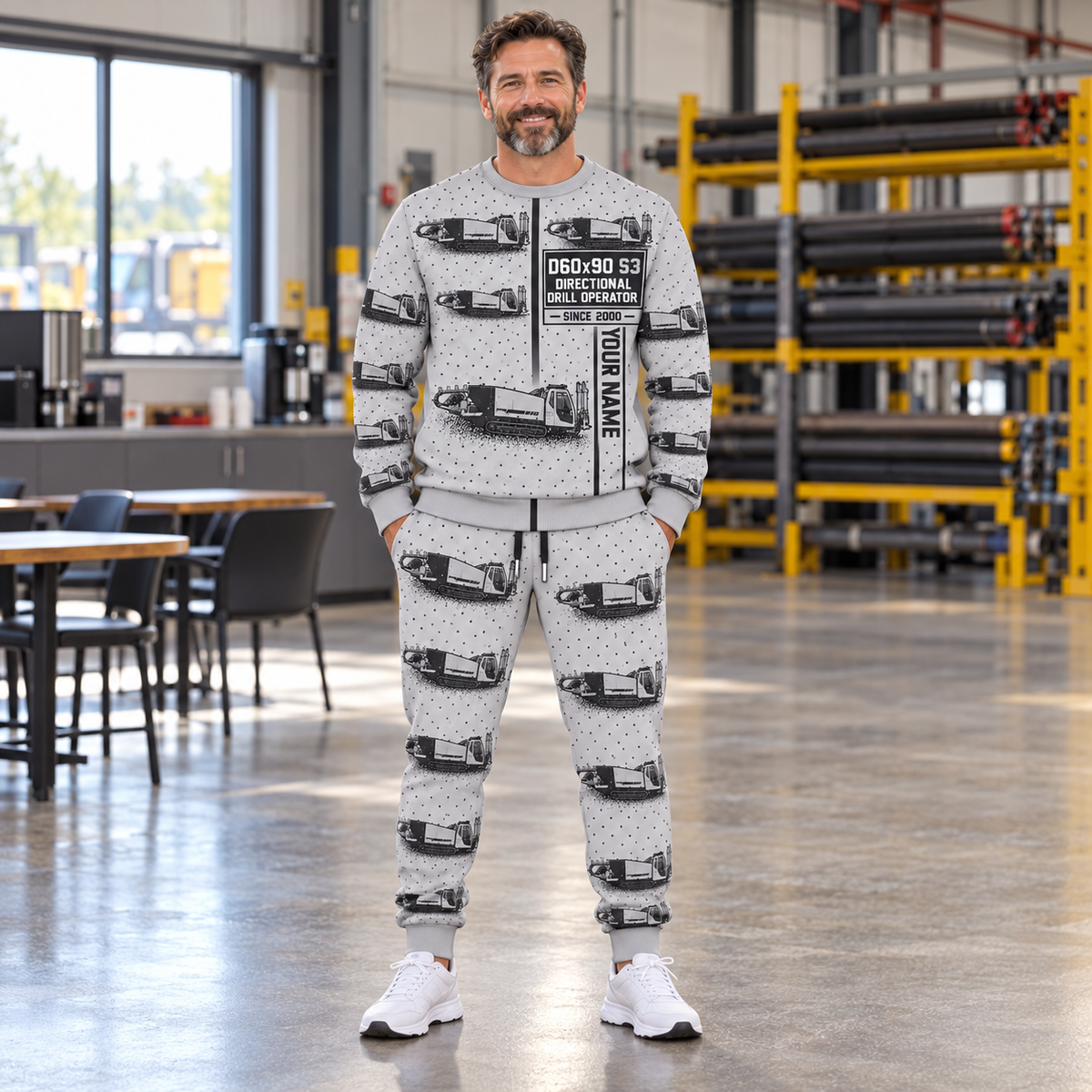 Personalized Vermeer D60x90 S3 HDD Directional Drill Combo Sweater + Jogger in Light Gray, sweater and jogger artwork with YOUR NAME and SINCE 2000 sample text.