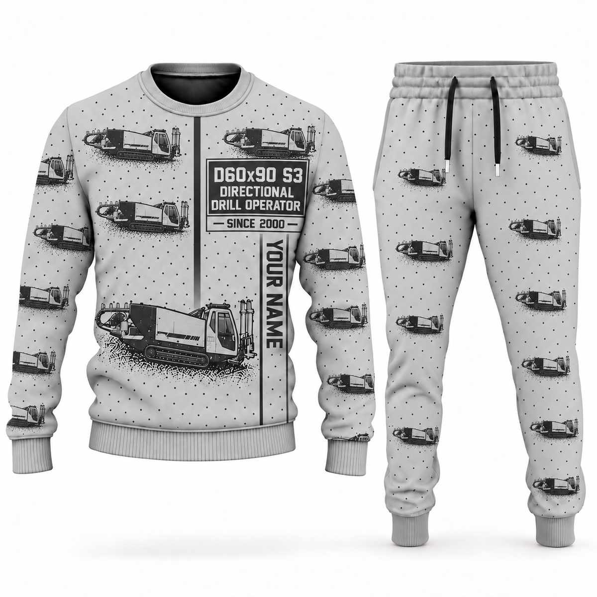 Personalized Vermeer D60x90 S3 HDD Directional Drill Combo Sweater + Jogger in lightgray, sweater and jogger artwork with YOUR NAME and SINCE 2000 sample text.