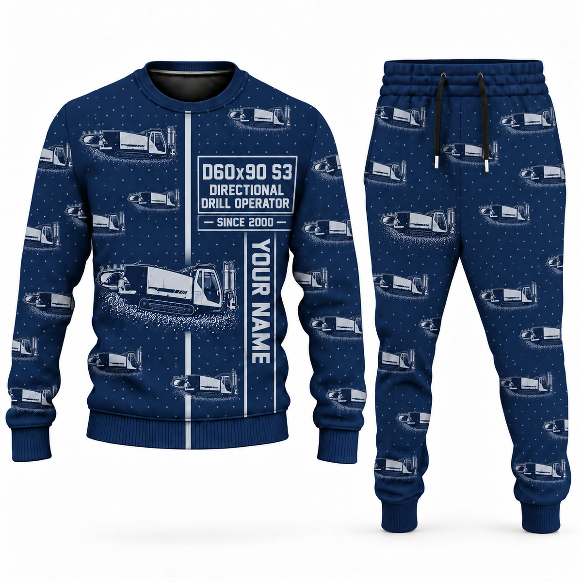 Personalized Vermeer D60x90 S3 HDD Directional Drill Combo Sweater + Jogger in navy, sweater and jogger artwork with YOUR NAME and SINCE 2000 sample text.