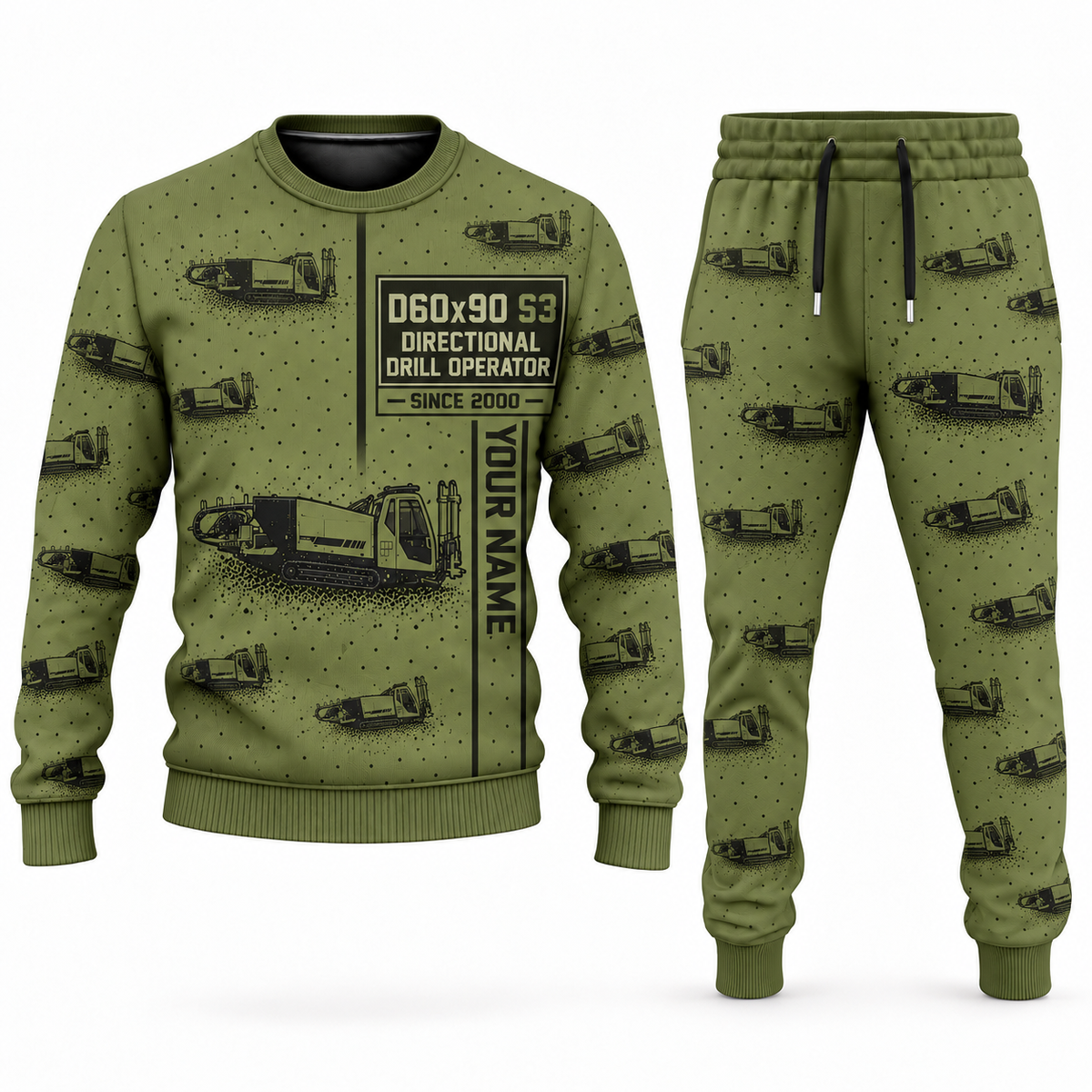 Personalized Vermeer D60x90 S3 HDD Directional Drill Combo Sweater + Jogger in olive, sweater and jogger artwork with YOUR NAME and SINCE 2000 sample text.