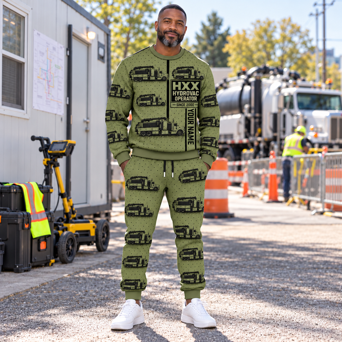 Personalized TRUVAC HXX Truck-Mounted Hydrovac Combo Sweater + Jogger in Olive, sweater and jogger artwork with YOUR NAME and SINCE 2000 sample text.